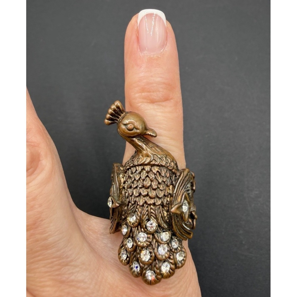 Peacock Bird Figural Statement Ring Rhinestone Cocktail Ring Antique Copper Tone